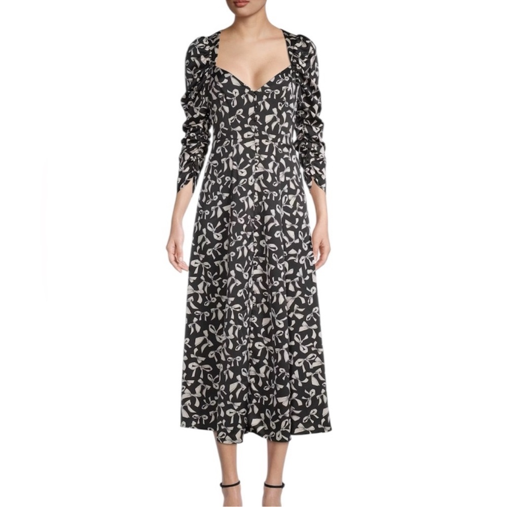 For love and lemons bow print midi dress long sleeve button front dress small - Picture 2 of 8